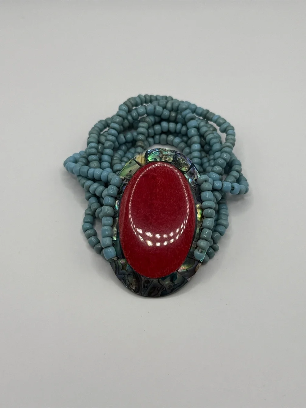 Vintage Southwestern Turquoise Blue Red Abalone Seed Beaded Large Cuff Bracelet